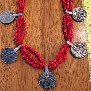 Antique Moroccan Red Beaded Necklace with Silver Coins. Early 20th century.